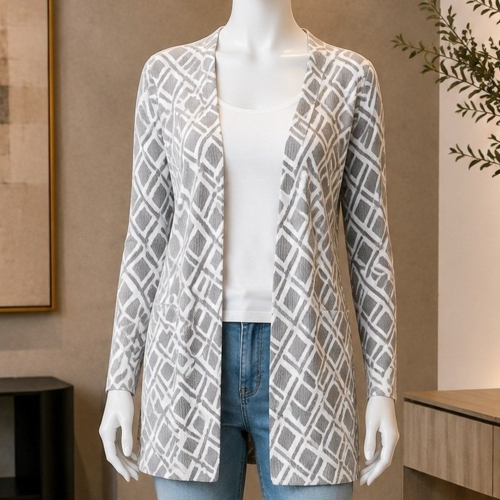 Merona Women Cardigan Gray White Geometric Lattice Open Front Sweater M